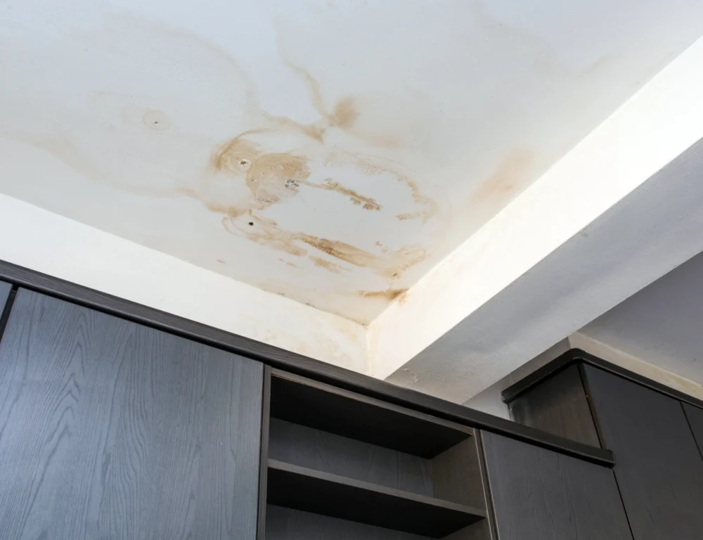 A ceiling shows signs of a leaking roof.