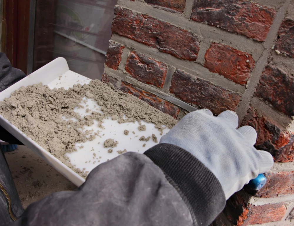 A person in protective gloves repoints a red brick wall.